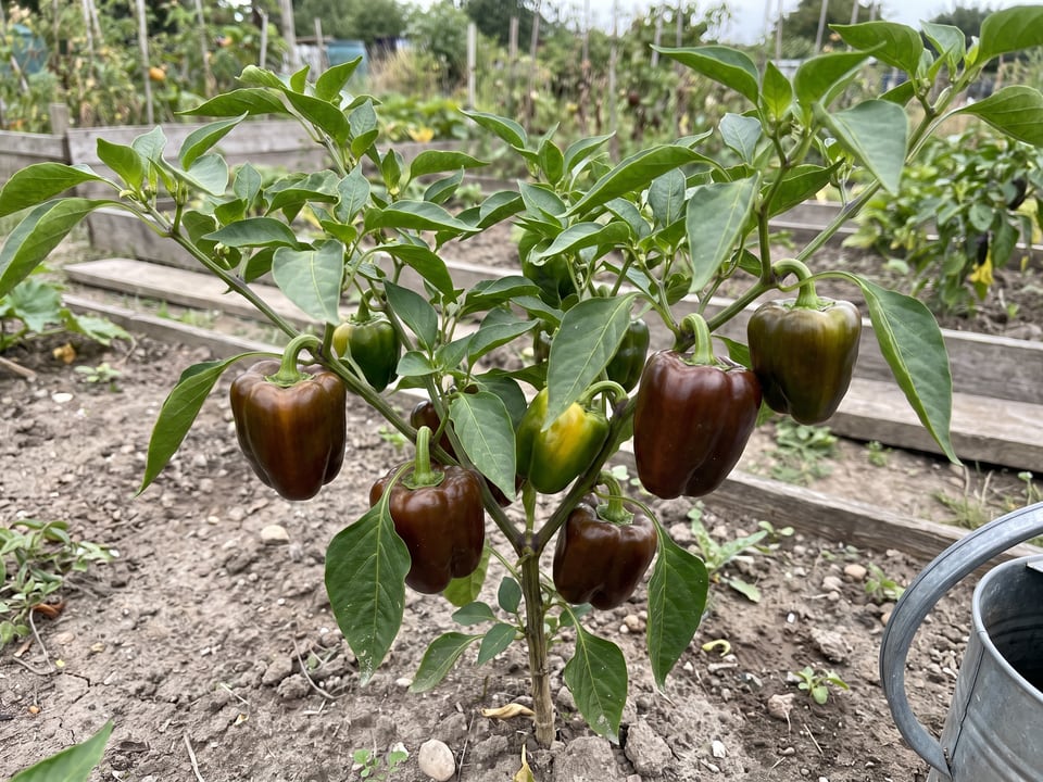 Sweet Chocolate pepper plant with ripe pods