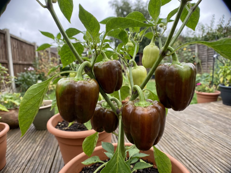 Ripe Sweet Chocolate pepper pods on the plant