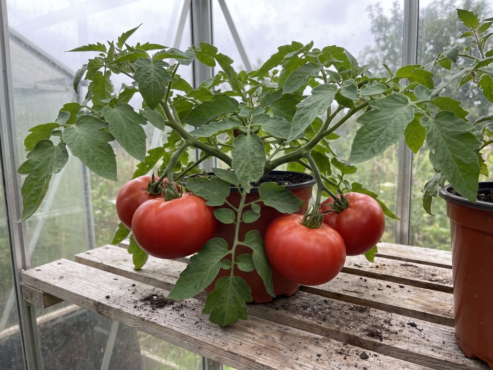 Sweet Scarlet Dwarf tomatoes ripening on the vine under cover