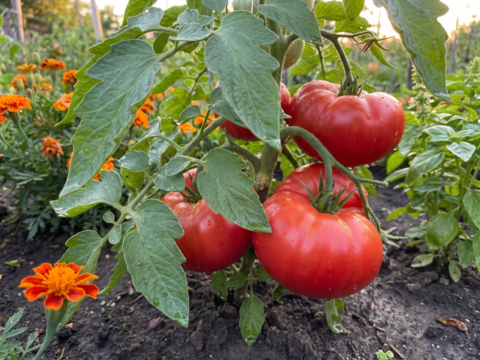 Sweet Scarlet Dwarf tomato plant in a garden bed with ripe fruit on the vine