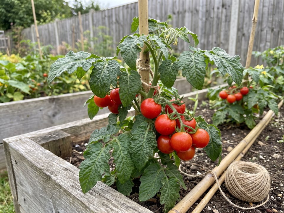 Totem tomato plant in a garden bed with ripe fruit on the vine