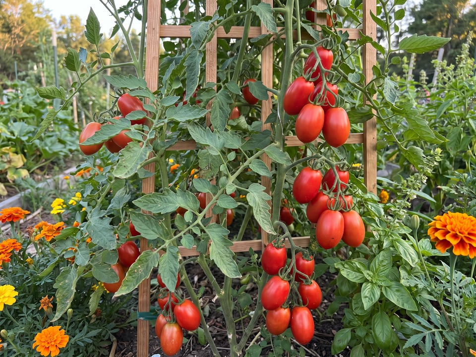 Verona tomato plant in a garden bed with ripe fruit on the vine