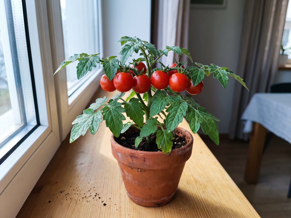Vilma tomato plant in a garden bed with ripe fruit on the vine