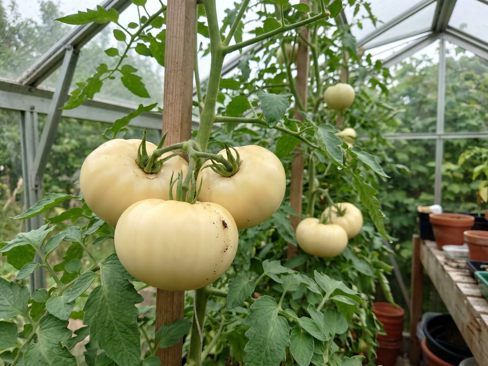 White Beauty tomatoes ripening on the vine under cover