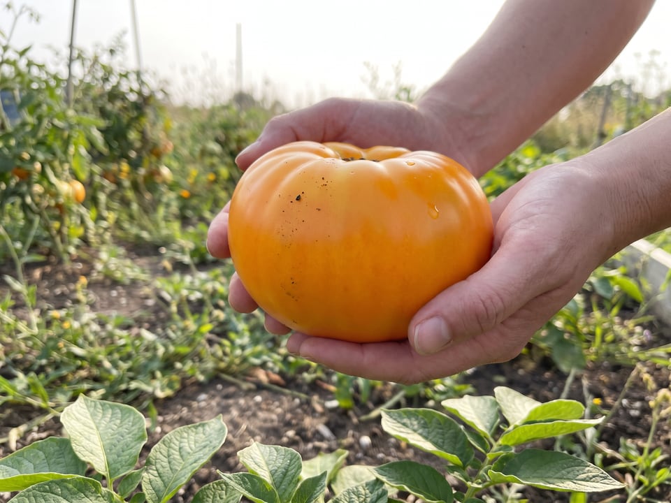 A ripe Yellow Brandywine tomato held in a gardener's hand