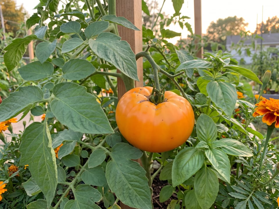 Yellow Brandywine tomato plant in a garden bed with ripe fruit on the vine