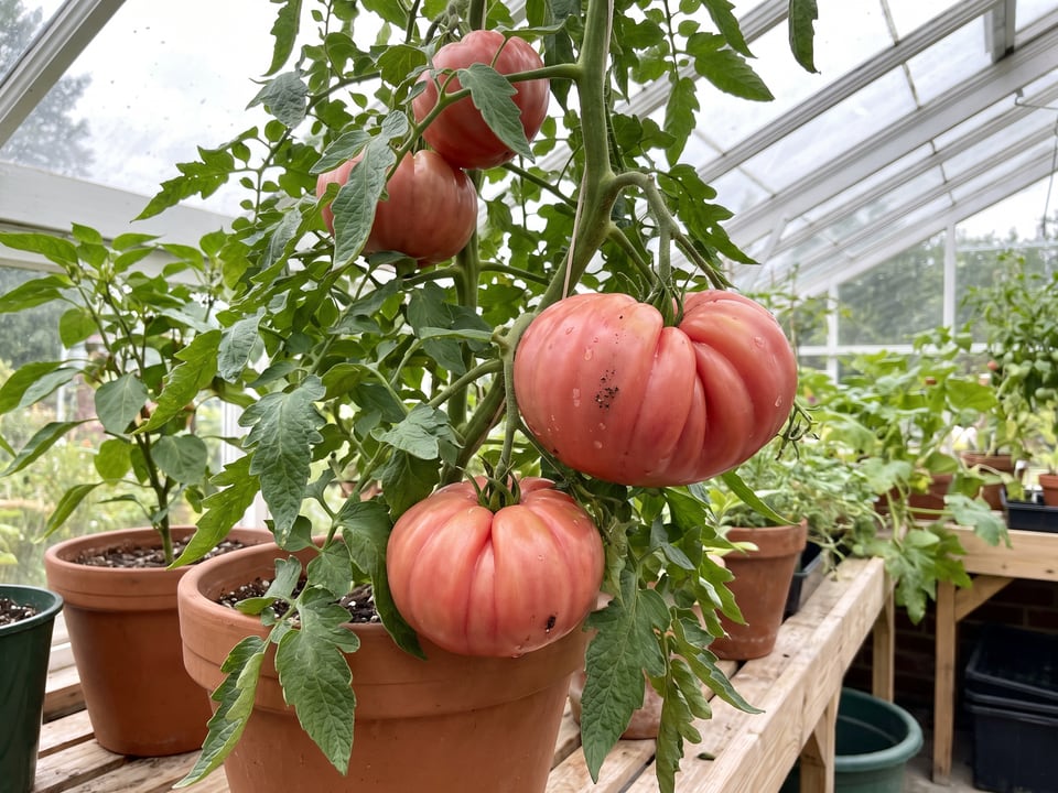 Zapotec Pleated tomatoes ripening on the vine under cover